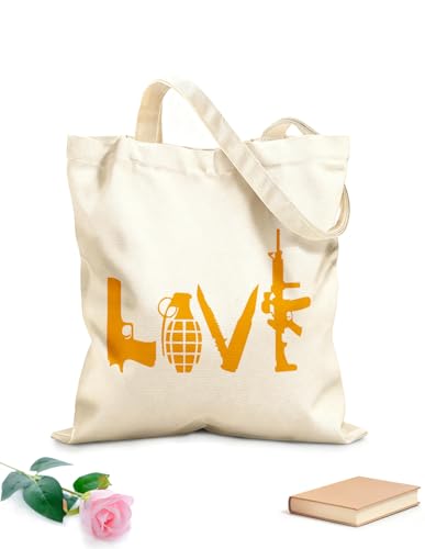 AILOONG Canvas Tote Bag LOVE Shaped Weapons: Pistol, Grenade, Dagger, Rifle 340g/m² thick fabric Replaces school bag