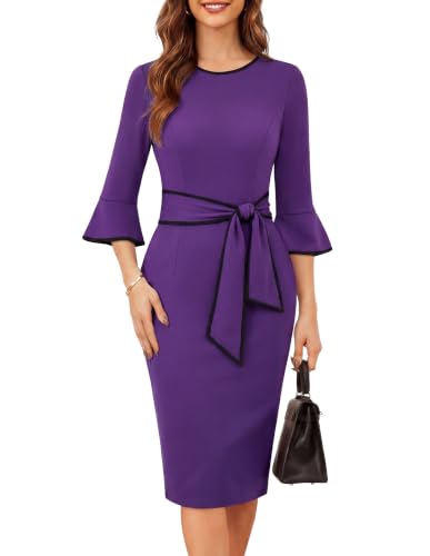 GRACE KARIN Work Dresses for Women 3/4 Sleeve Bodycon Pencil Business Outfits Color Block Office Church Clothes Deep Purple XL