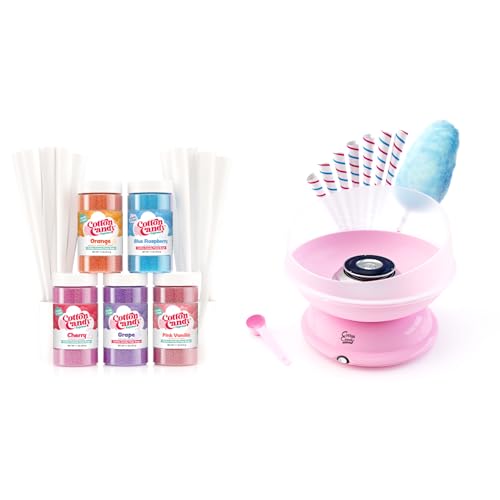 Cotton Candy Express CC1000-S Cotton Candy Machine, with 5-11oz. Jars of Cherry, Grape, Blue Raspberry, Orange, Pink Vanilla Floss Sugar & 50 Paper Cones Easy to Use and Clean