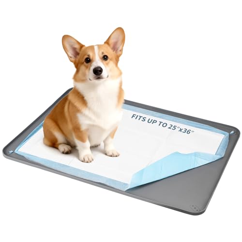 Image of Pee Pad Holder, Silicone Dog Puppy Pad Tray for DogTraining Pads Non-Slip Leak-Proof High Edge Mat, Dog Potty Tray for Home Floor Protection- Grey 25 inch x 36 inch