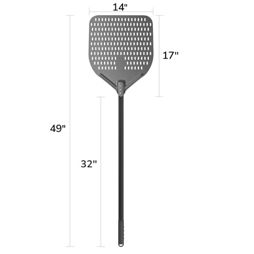 G.a HOMEFAVOR 14\" x 17\" Perforated Pizza Peel 49 Inch overall, Rectangular Aluminum Pizza Turning Peel with Extended Silcone Handle For Baking Pizza Brick Oven