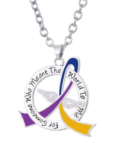 Fight Like a Girl For Someone Who Meant the World to Me Awareness Ribbon Necklace | Bladder Cancer Memorial Gift - Blue/Purple/Marigold