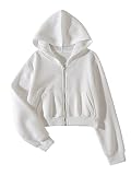 SheIn Damen Sweatjacke Bauchfrei Kapuzenpullover Langarm Kurz Hoodie Sweatshirt Crop Pullover Kapuzenjacke Cropped Jacke mit Zip Weiss S
