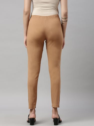Image of MINELLI Women Solid Cigar Pants, Cotton Lycra Slub Fabric, Elasticated Waistband, Pull On Style, Regular Fit Bottom Wear for Western and Ethnic Wear