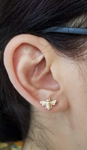 Solid 14K Gold 3D Tiny Golden Bee Earrings, Studs, Endless Hoop, French Hooks Styles (Studs, Yellow Gold) #TOP4