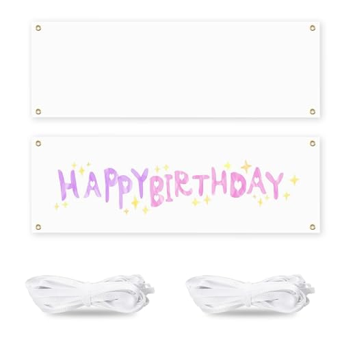 Bannière Blanche, 2 Pièces Banderole Personnalisée 100×200cm Blanche Polyester Banniere avec Corde à Suspendre Banniere Personnalisée pour DIY Mariages...