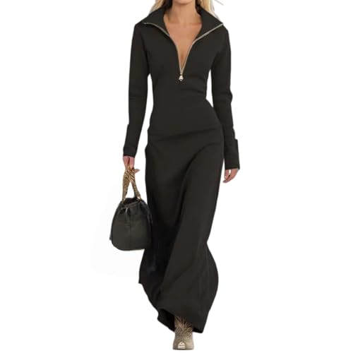 Women's Sweatshirt Maxi Dress, Elegant Retro Sporty V Neck Front
