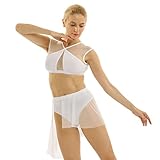 Agoky Zweiteiler Damen Erwachsene Ballettkleid Tanzkleid Modern Lyrischen Kleid Latin Dance Kostüm Outfits Ärmellos Crop Tops Kreuz Rücken Asymmetrischer Rock Weiß M