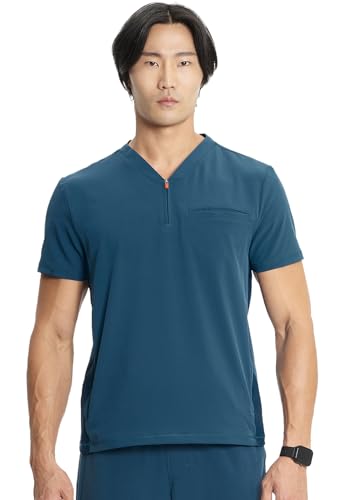 Infinity Cherokee Men's Partial Zip V-Neck Scrub Top with 3 Pockets Rib-Knit Side Panels IN702A, M, Caribbean Blue