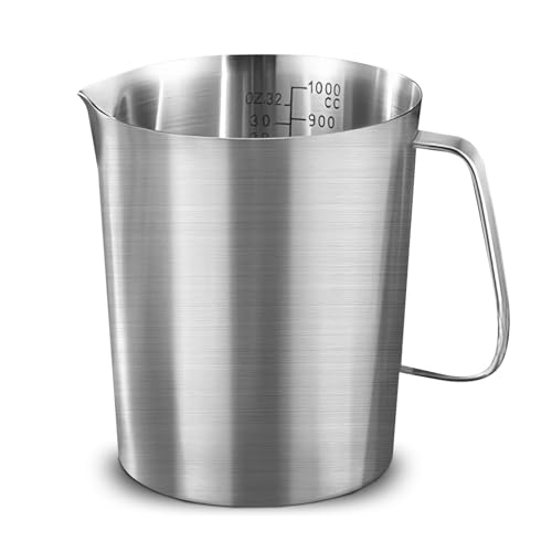 GOEDCH Verre doseur en acier inoxydable 1 l : pot à lait en acier inoxydable avec unités de mesure et poignée, compteur de liquide, doseur de haute qualité...