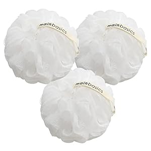 MainBasics Bath Shower Loofah Sponge Pouf Body Scrubber Exfoliator Body Wash Sponge (Set of 3, Snow White)