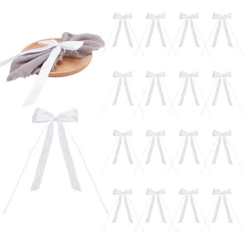 PH PandaHall 24pcs White Bowknot Ribbon Twist Tie Bows Napkin Ring Bow Tie Candlestick Decor Gift Wrapping Satin Bowknots Wine Glasses Ribbon for Party Wedding Birthday Holiday Tabletop Decoration