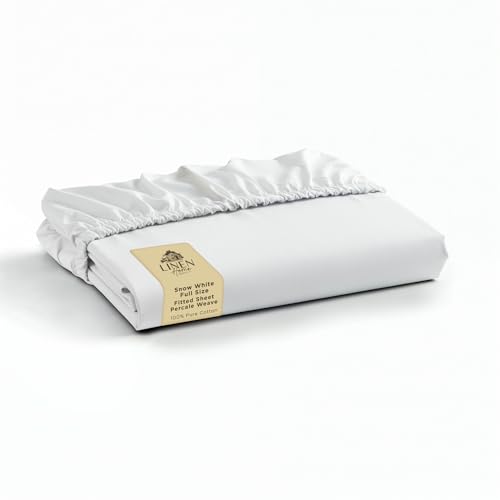 Linen Home 100% Cotton Percale Fitted Sheet only, Full Size, Snow White