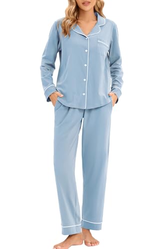 LUBOT 100% Cotton Pajama Set for Women PJ Set Long Sleeve Button-Down Shirt Two-piece Set Warm Night...