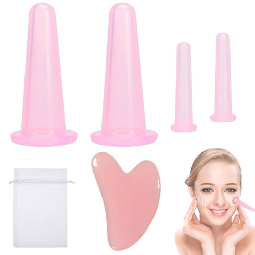 Facial Cupping Set for Face, Cupping Therapy Set, 4 Pcs Silicone Face Cupping Set with 1 Face Massage Tool and 1 Storage Bag, Vacuum Facial Suction Cups for Face Neck Back Eyes Care