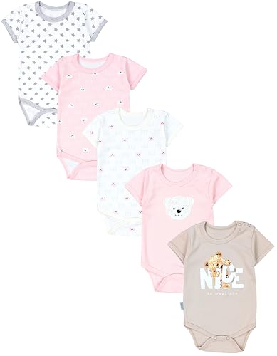 TupTam Baby Body Mädchen 5er Pack – Kurzarm Body Baby aus Baumwolle, Ideal für Sommer und Alltag, Farbe: Bärchen Rosa Weiß Sterne Grau Nice Teddy Beige, Größe: 86