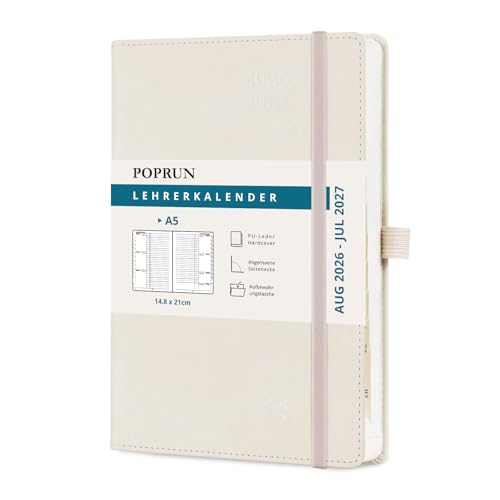 POPRUN Lehrerkalender 2026 2027 A5 auf Deutsch - Lehrerplaner für die Unterrichtsvorbereitung mit Monatliches Register. Schulplaner mit PU-Leder Hardcover