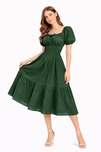 Image of BOOSTY Women's Puff Sleeve Smocked Midi Dress, Square Neck A-Line Dress