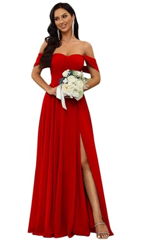 Off Shoulder Bridesmaid Dress with Slit Chiffon Prom Dresses Ruched V-Neck Formal Dress Long Party Gowns AKY005