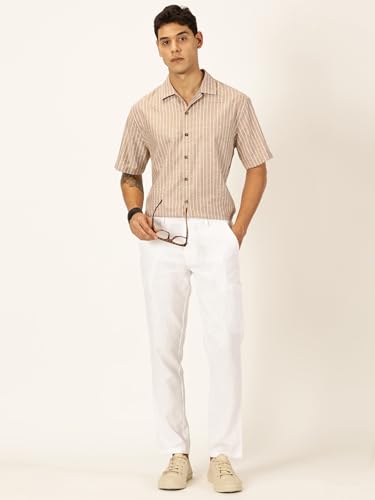 Image of Thomas Scott Men's | Solid | Light Weight | Breathable Fabric | Elasticated Waist | Mid Rise | Straight Fit | Cotton Linen | Button Clouser | Chino Trouser | Pants