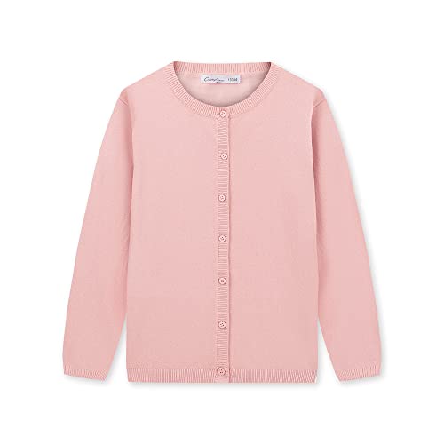 Cunyi Girl's Crewneck Lightweight Button-Up Cardigan Cotton Knit Sweater Casual Cute Outerwear, Light Pink, 120 #TOP27