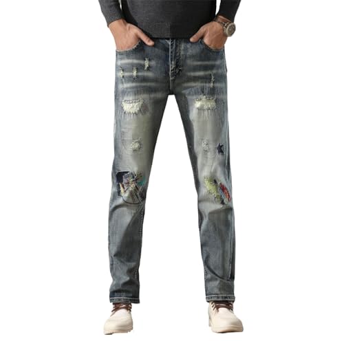 Men's Hip Hop Ripped Straight Distressed Embroidery Ripped Denim Slim Fit Straight Leg Biker Jeans