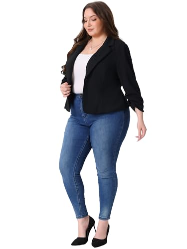 Agnes Orinda Women's Plus Size Blazer Dressy Ruched 3/4 Sleeve Casual Notch Lapel Work Office Cropped Blazer Jacket3