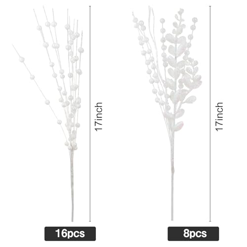 CristBest 24-Pack Christmas Tree Picks Ornaments, Artificial Glitter Berry Stem Glittery Twigs Ornaments for Christmas Tree Decorations, Small Vase, Holiday, Wedding, Party Decorations (White) - image 2