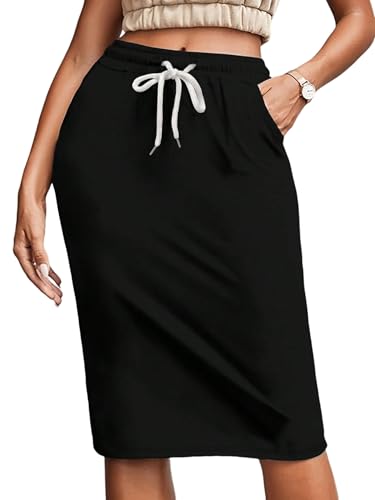 EARKOHA 2025 Skirts for Women Women's Casual Solid Color Drawstring Waist Bodycon Skirt Black M