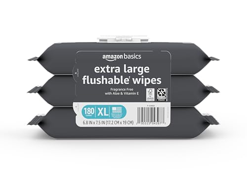 Amazon Basics Extra Large Flushable Wipes, Fragrance Free, pH Balanced, with Vitamin E & Aloe, 60 Count, 3-Pack