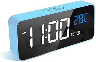 LATEC Digital Alarm Clock with Big LED Temperature Display, Bedside Clock with 10 Alarm Sounds USB Charging Port 4 Levels Adjustable Brightness Dimmer Snooze Portable Mirror Alarm with Dual Alarm Blue