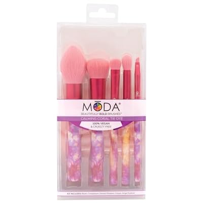 MODA Tie Dye, 5pc Full Face Makeup Brush Set, Includes - Blush, Complexion, Shadow, Crease, Liner Brushes, Calming Coral