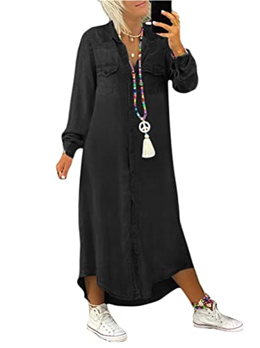 Tomwell Damen Blusenkleid Elegant V-Ausschnitt Langarm Hemdkleid Einfarbig Druck Lang Kleid Mit Knopf Shirtkleid Maxikleid Strandkleid Boho...