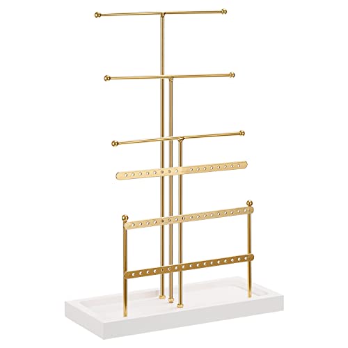 uxcell Jewelry Stand Holder, 6 Tier Metal Necklace Display Organizer Earring Tower with Wood Tray for Bracelets, Rings, Earrings, Necklaces - Gold
