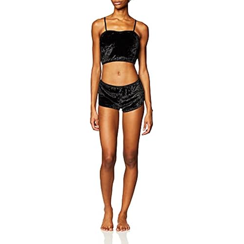 Women's Vintage Velvet 2 piece outfit Spaghetti Strap Crop Top and Shorts (Large, Black)