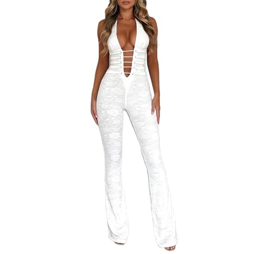 Raruxxin Women Sexy See Through Lace Jumpsuit Sleeveless Backless Cut Out Skinny Long Romper Sheer One Piece Outfit Clubwear (E White Bandage, S), Small