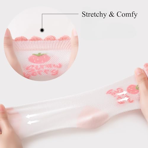 Cute Girls' Socks Cotton Thin Mesh for Summer, 5 Pairs Floral Strawberry Bear Short Crew Socks with Ruffle Trim3