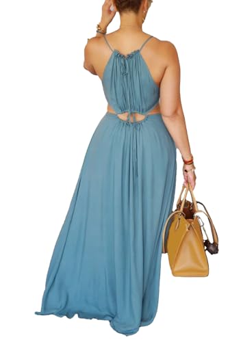 Image of Famnbro Womens Sexy Summer Dress Halter Neck Sleeveless Tie Back Boho Resort Maxi Dresses 2026 Beach Vacation Outfits