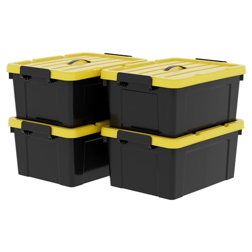 Cetomo 4 cajas de almacenamiento de 35 pulgadas de largo, caja de almacenamiento de plástico con tapas, asa y hebillas de cierre para herramientas al aire libre, jardín, garaje, hogar, duradera,