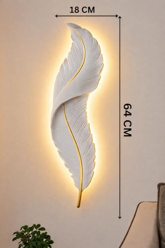 Image of UJALAVISTA Feather Shape Wall Lamp | 65cm Acrylic Fancy Wall Light | 3-Color LED (Warm /Natural /Cool) | Modern Decorative Wall Sconce for Living Room & Bedroom (White Feather) (2, White)