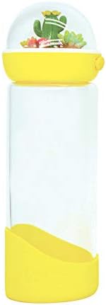 Bewaltz Cactus Glass Water Bottle w/Cute 3D Miniature Globe Lid 15 oz, Perfect Everyday Gift, Includes a Silicone Sleeve Boot & Hidden Carrying Handle (Yellow)