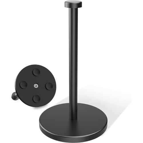 VEHHE Black Paper Towel Holder Countertop, Stainless Steel Paper Towel Holder Stand with Weighted Base Suction Cups for Kitchen Bathroom