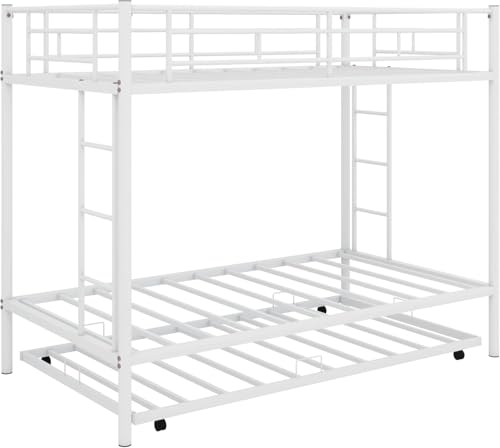 Image of Metal Bunk Bed with Trundle | Heavy Duty Triple Sleeper Bed Frame | Space Saving Double Deck Bed with Ladder & Safety Guard Rails for Kids & Adults | White | 75 inch x 39 inch x 65.3 inch