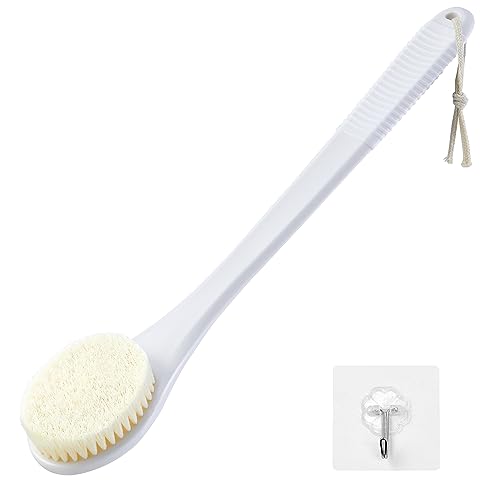 Back Scrubber for Shower, Shower Body Brush for Cleaning with Long Handle for Showering, 17 Inch Back Washer Exfoliator for Shower Men Women with Non-Slip Handle, Adhesive Hook (White)