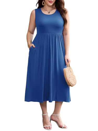 Image of LARACE Women's Plus Size Sleeveless Maxi Dress Casual Crew Neck Pleated Flowy Long Dresses with Pockets L-6XL