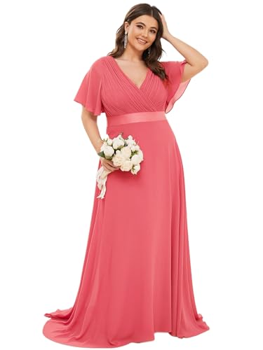 Ever-Pretty Abito da Damigella Donna Stile Impero Linea ad A Scollo a V Maniche Corte Lungo Corallo 52