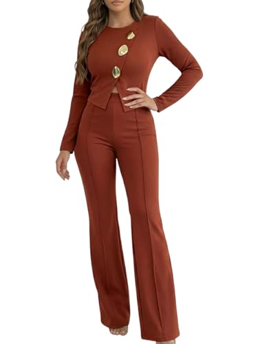 CHICME Women's Long Sleeve Jumpsuit with Gold Accent Buttons Elegant