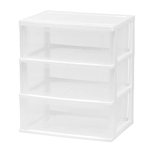 IRIS USA Plastic Drawer Storage Organizer Rolling Cart, with Wheels Casters, 3-Drawers, for Art Craft Supplies Bathroom Dorm Bedroom Laundry Room, Wide, White