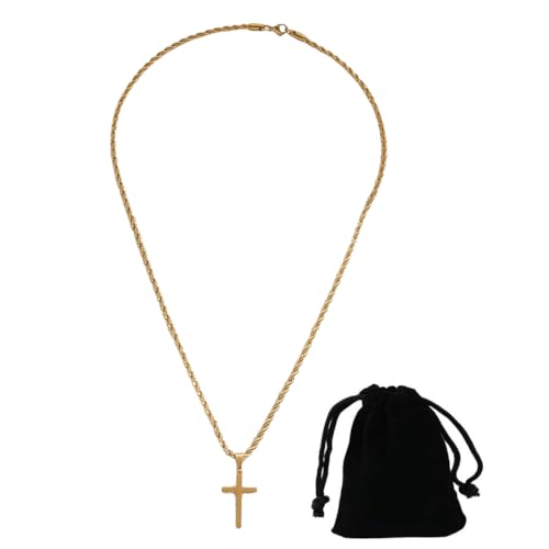 EWOECUI Collar Hombres y Mujeres, Acero Inoxidable, Oro, Cruz, Unisex, 55.5 cm