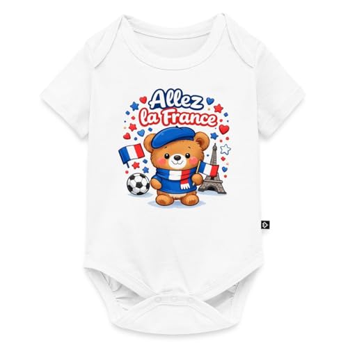 Spreadshirt Allez la France Coupe du Monde 2026 Football Drapeau Tricolore Ballon Idée Cadeau Supporter Équipe de France Body Manches Courtes Bébé Bio, 62 (2-3 mois), blanc